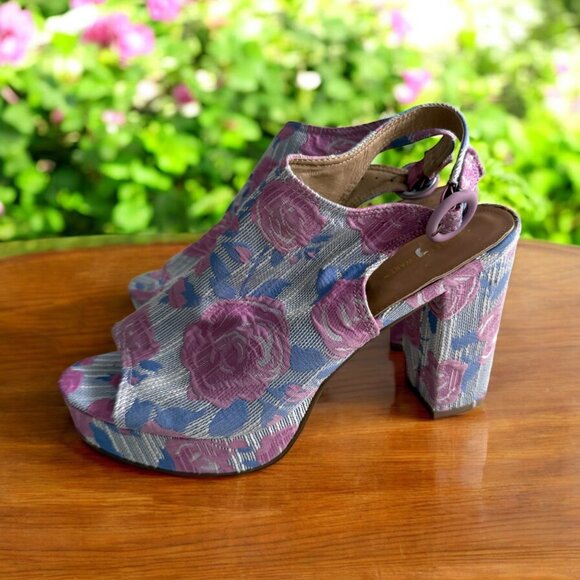 ASHLEY STEWART Rose Print Platform Slingback Heels Size 11W - Picture 1 of 12